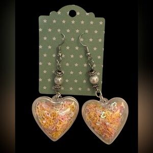 Heart Puff Shaker Dangle Earrings Pink And Yellow Hearts New